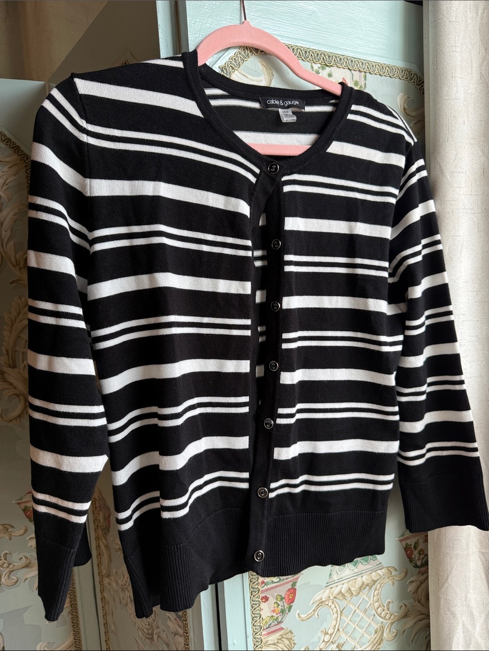 Cable & Gauge Black & White Striped Button Cardigan